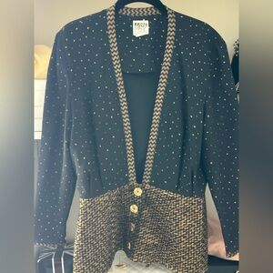 Vintage 1980s Jeanne Marc Black And Gold Quilted Gathered Jacket Size M/L